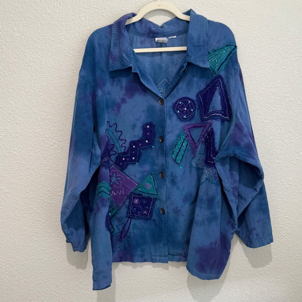 VTG Roamans Blue Tie Dye Corduroy Embroidered Patchwork Button Up Shacket Boho